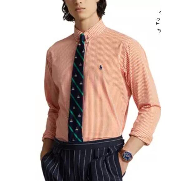 Ralph Lauren Shirt Men 16.5 34/35 Orange Striped Button Up Classic Fit Poplin - Picture 1 of 12